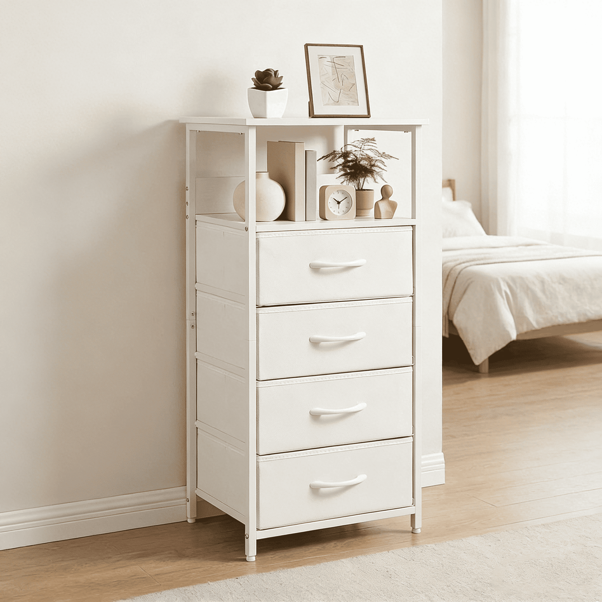 YEEZEE Nightstand,Dresser with 4 Fabric Storage Drawers,Tall Nightstand with Open Wood Shelves,White