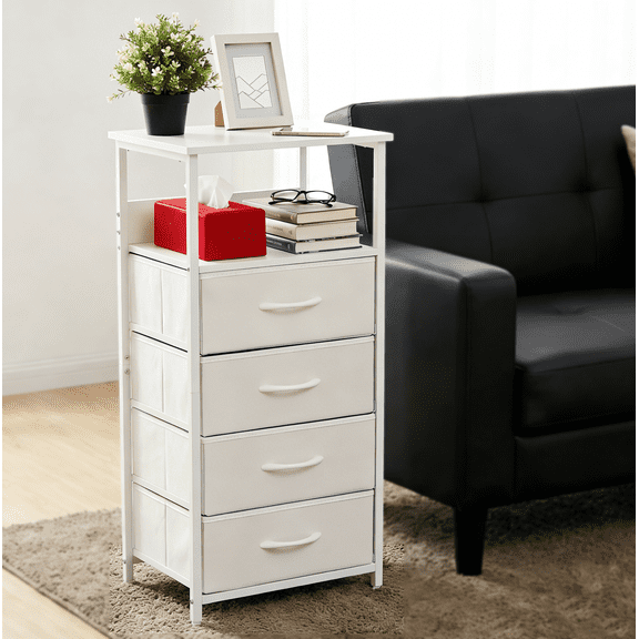 YEEZEE Tall White Nightstand with 4 Drawers&Open Shelf, fabric drawer dresser for Bedroom, Living Room