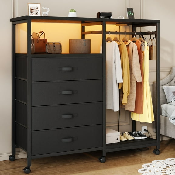 Bedroom Dresser with Hanging Rack, 4 Drawers Dresser with Charging Station and LED Lights, Storage Chest of Drawers with Wheels, Wooden Top, for Closet, Living Room Black