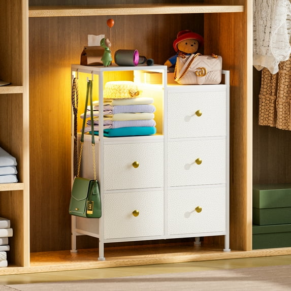 Bedroom Dresser with Integrated LED Light & Charging Station, Fabric Dresser & Chest of Drawers Featuring 5 Drawers and Shelf, Organizer Tower for Storage, White