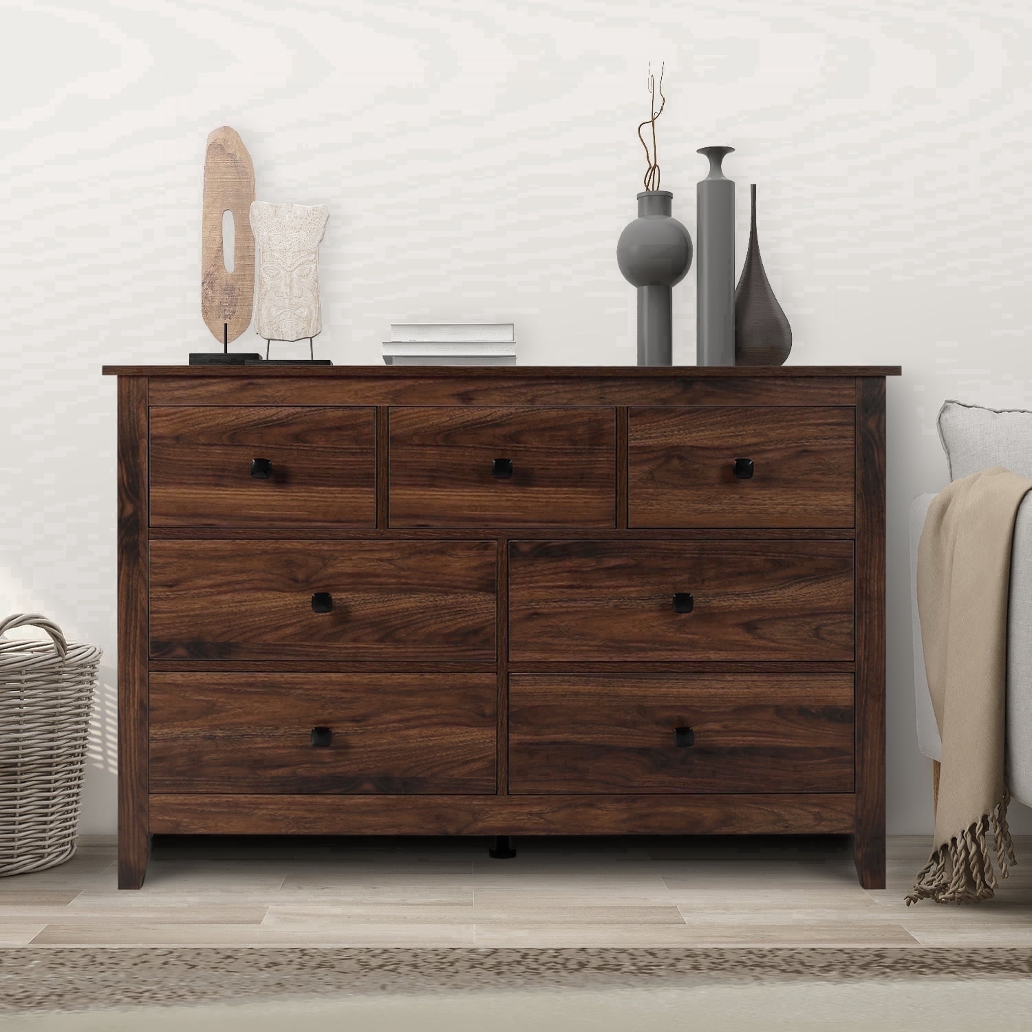 LAZZO 7-Drawer Dresser, Farmhouse Wooden Chest of Drawers for Bedroom Living Room and Hallway, Brown