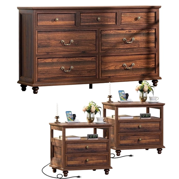 Bedroom Dresser and Nightstand 3 Piece Set, Includes Farmhouse 7 Drawer Dresser, 2 Pack Nightstand with Charging Station, Modern Bedroom Set, Brown