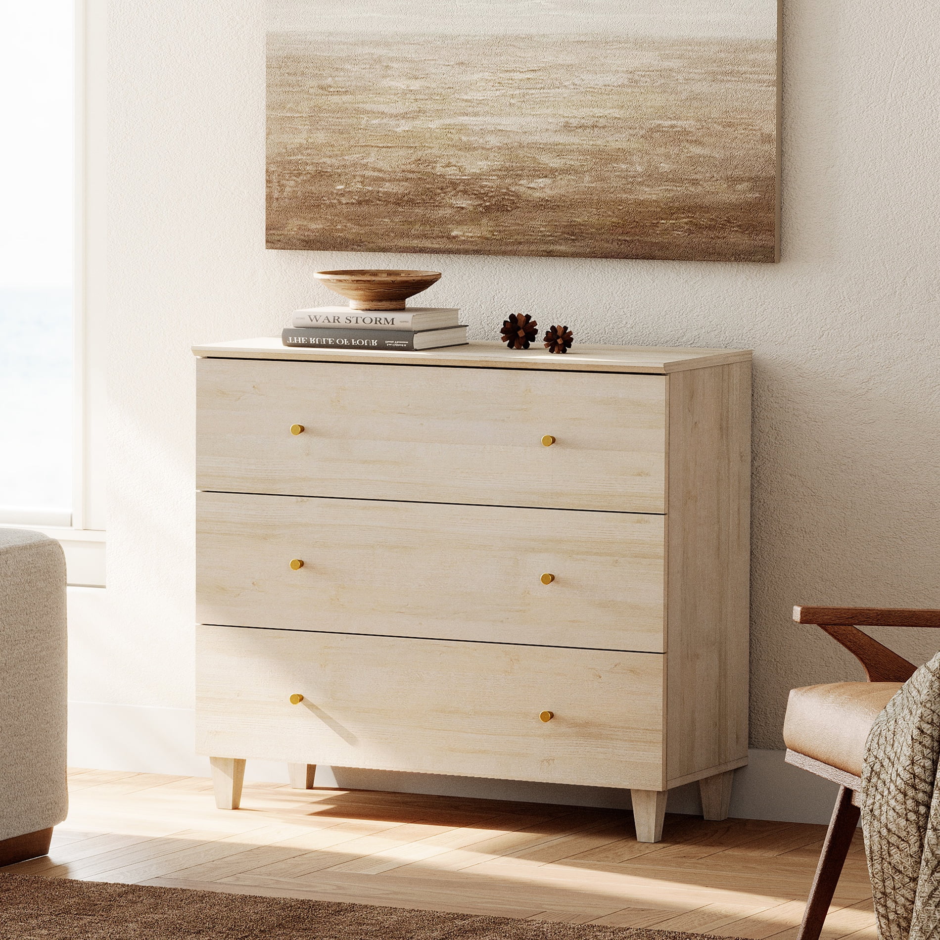 Bedroom Dresser with 3 Drawers, Mid-Century Modern Small Dresser, Light Oak Wood Chest of Drawers with Solid Wood Legs, 36"