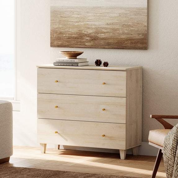 Bedroom Dresser with 3 Drawers, Mid-Century Modern Small Dresser, Light Oak Wood Chest of Drawers with Solid Wood Legs, 36"