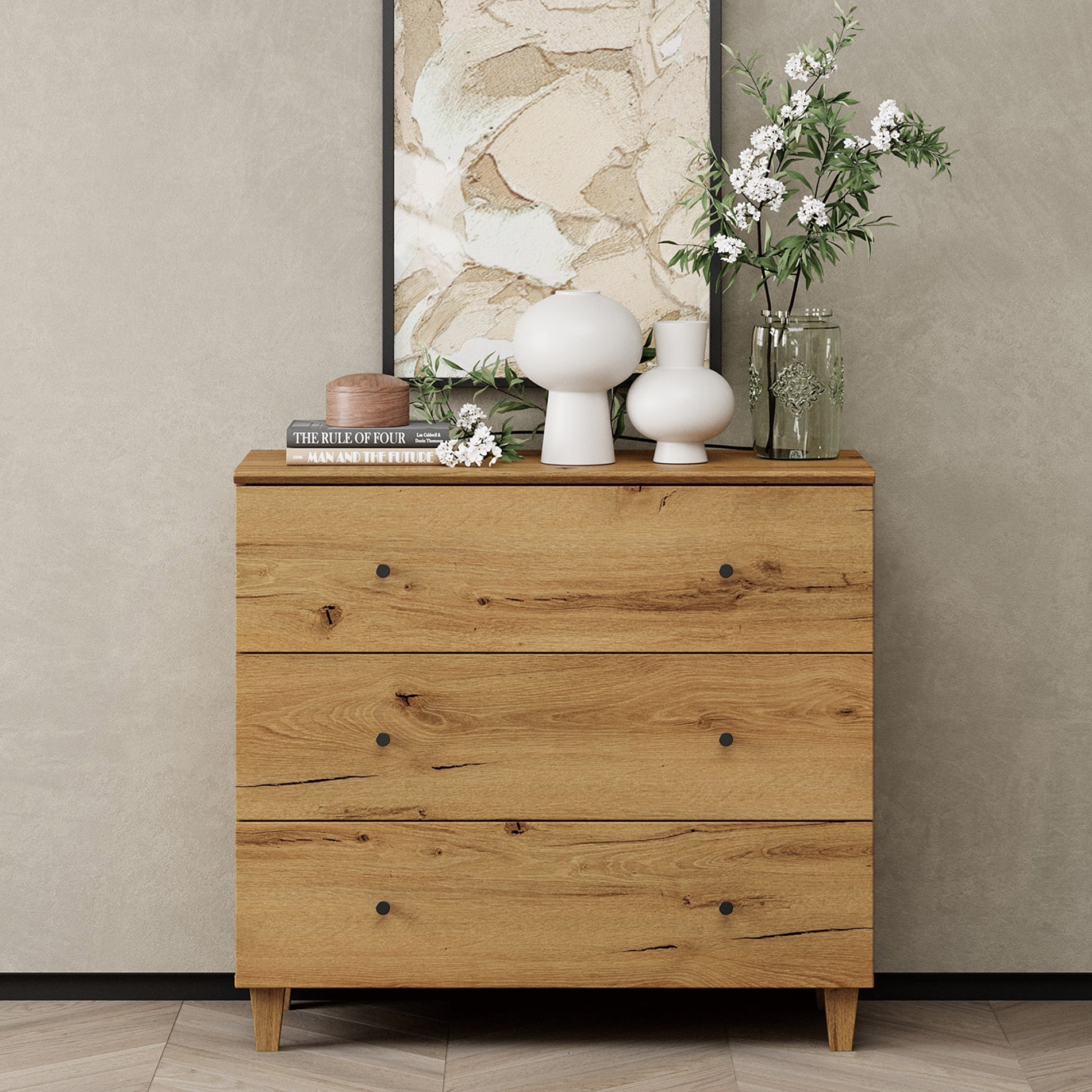 Bedroom Dresser with 3 Drawers, Mid-Century Modern Small Dresser, Oak Brown Wood Chest of Drawers with Solid Wood Legs, 36"
