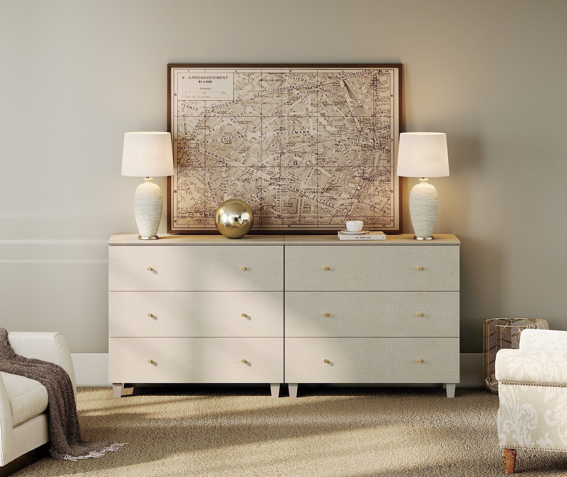 Bedroom Dresser with 6 Drawers, Mid-Century Modern Double Dresser, Beige Wood Chest of Drawers with Solid Wood Legs, 71"