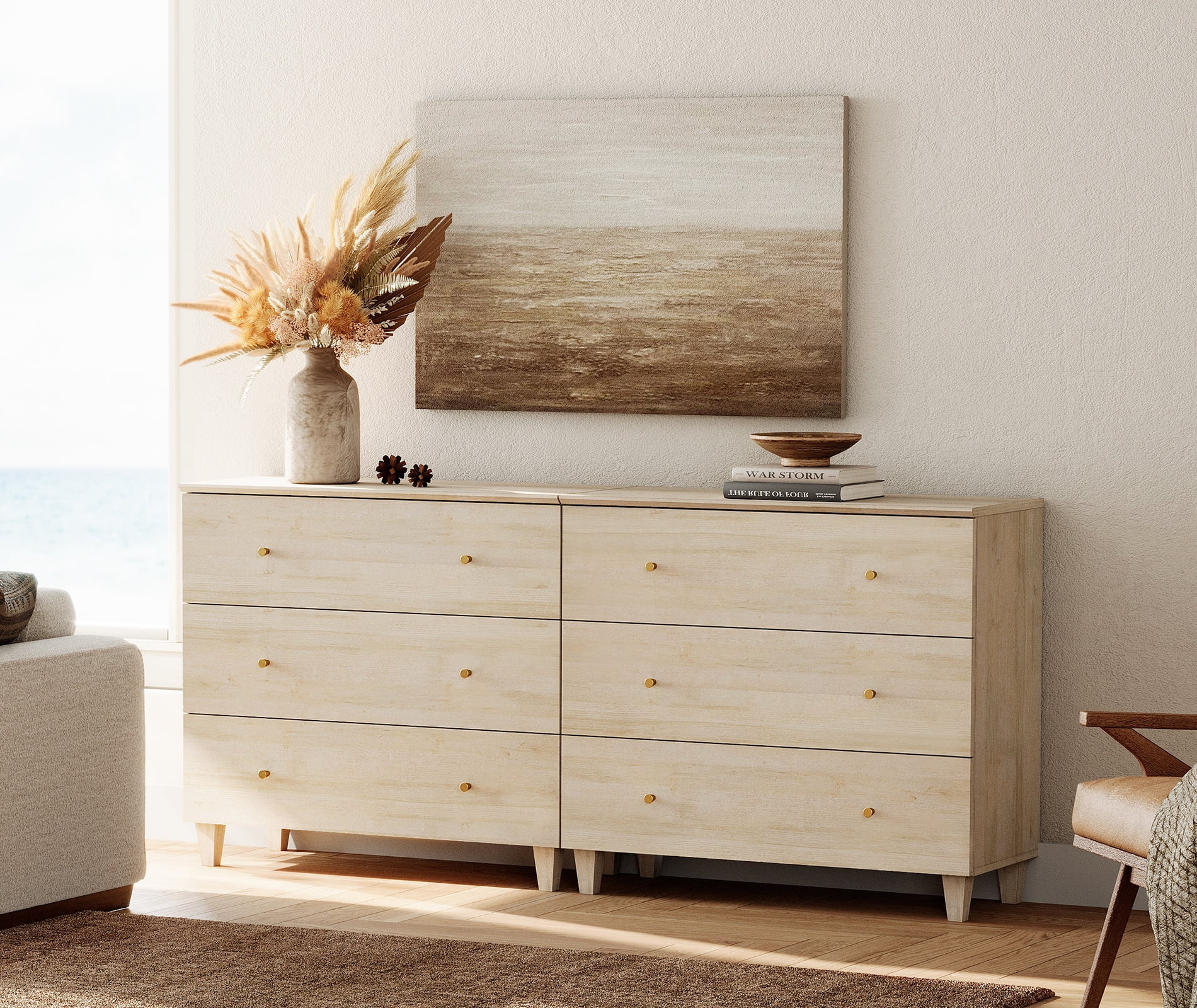 Bedroom Dresser with 6 Drawers, Mid-Century Modern Double Dresser, Light Oak Wood Chest of Drawers with Solid Wood Legs, 71"