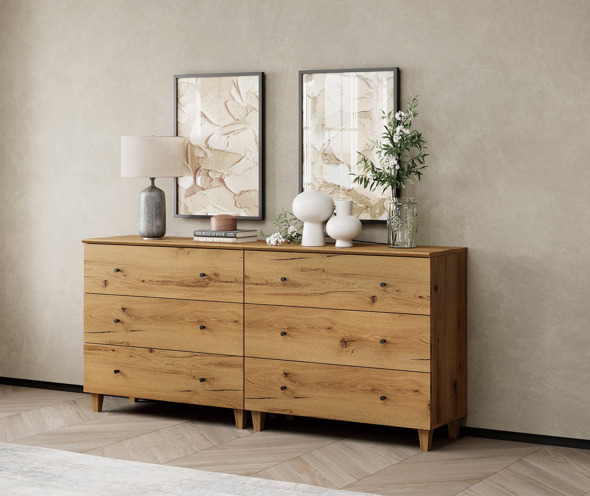 Bedroom Dresser with 6 Drawers, Mid-Century Modern Double Dresser, Oak Brown Wood Chest of Drawers with Solid Wood Legs, 71"