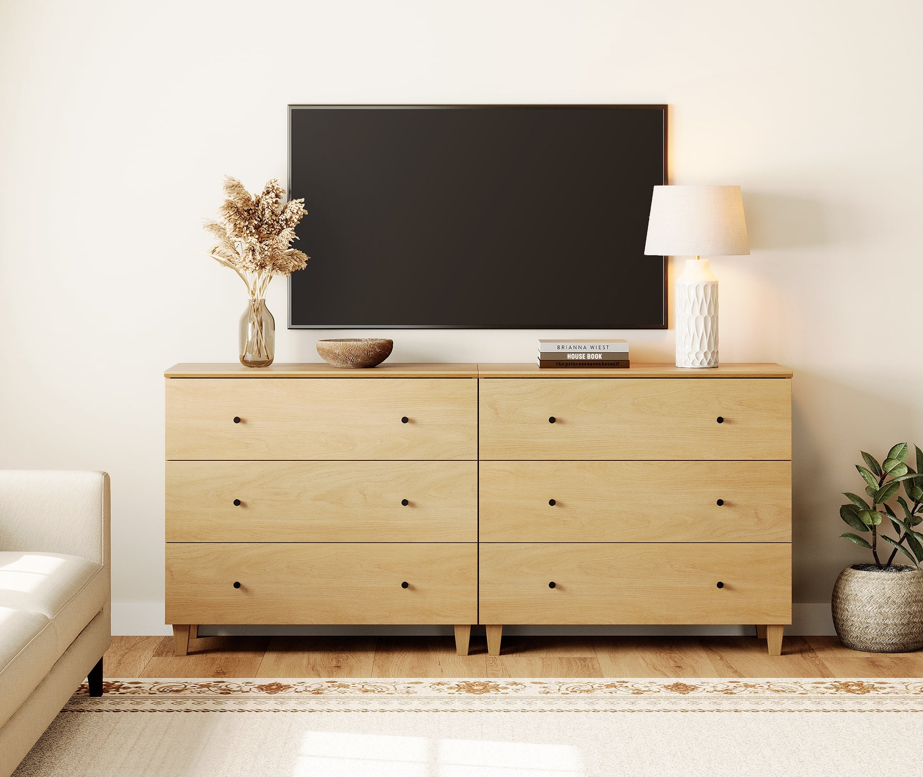 Bedroom Dresser with 6 Drawers, Mid-Century Modern Double Dresser, Oak Wood Chest of Drawers with Solid Wood Legs, 71"