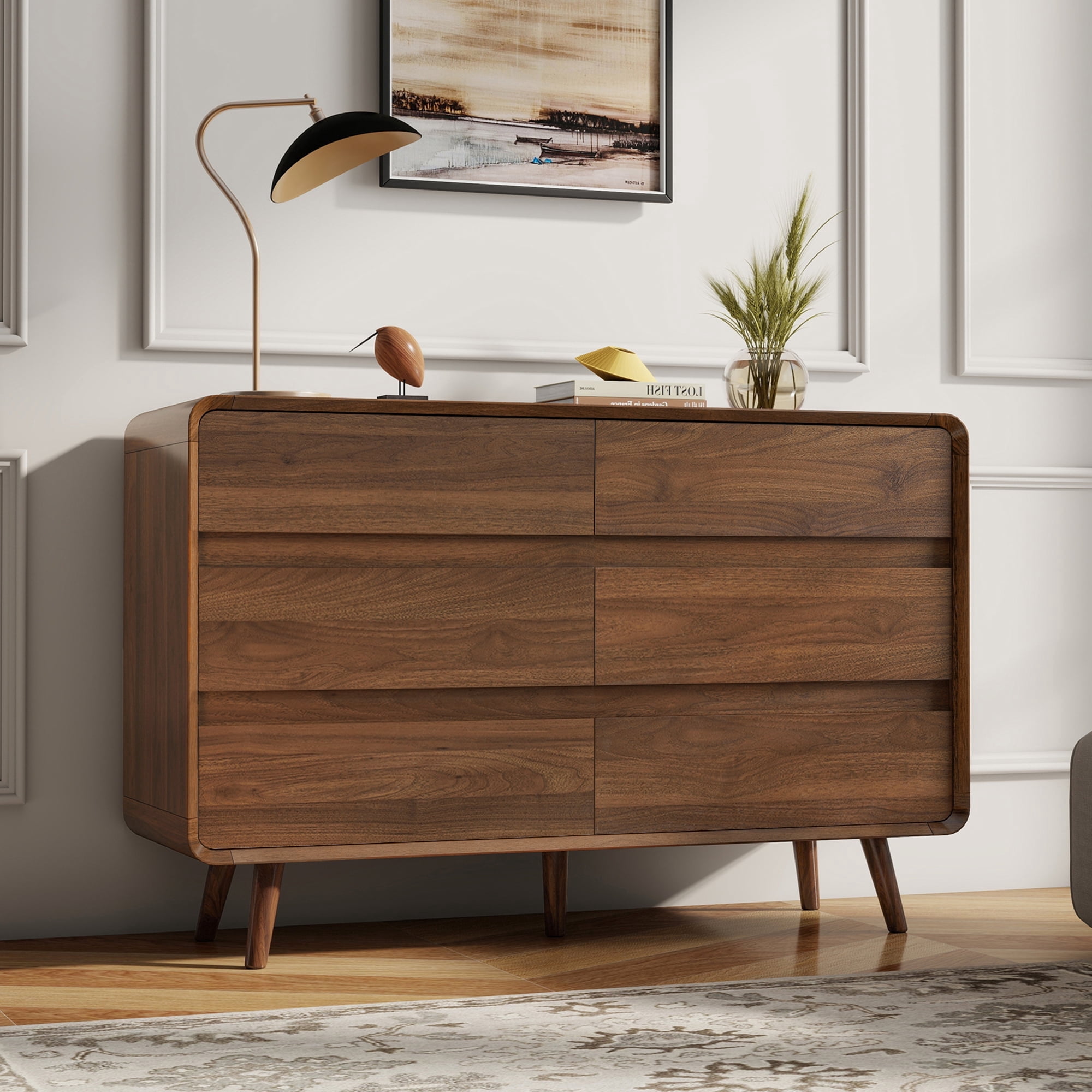 Bedroom Dresser with 6 Drawers, Tall Dresser, Wood Walnut Dresser for Bedroom, 47.2"W x 15.8"D x 30.7"H
