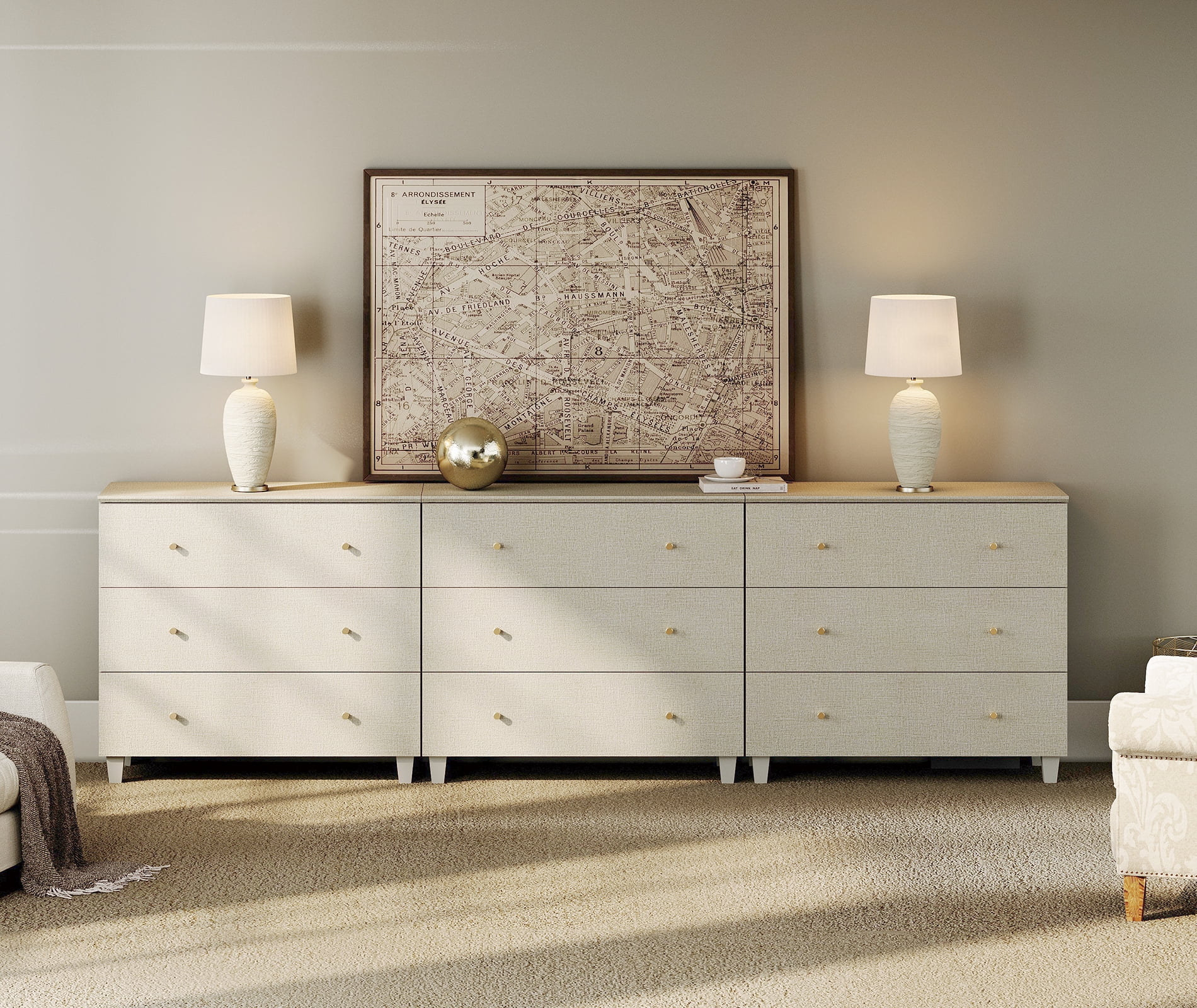 Bedroom Dresser with 9 Drawers, Mid-Century Modern Extra Wide Dresser, Beige Wood Chest of Drawers with Solid Wood Legs, 106"