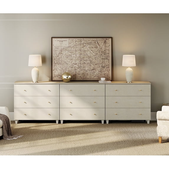 Bedroom Dresser with 9 Drawers, Mid-Century Modern Extra Wide Dresser, Beige Wood Chest of Drawers with Solid Wood Legs, 106"