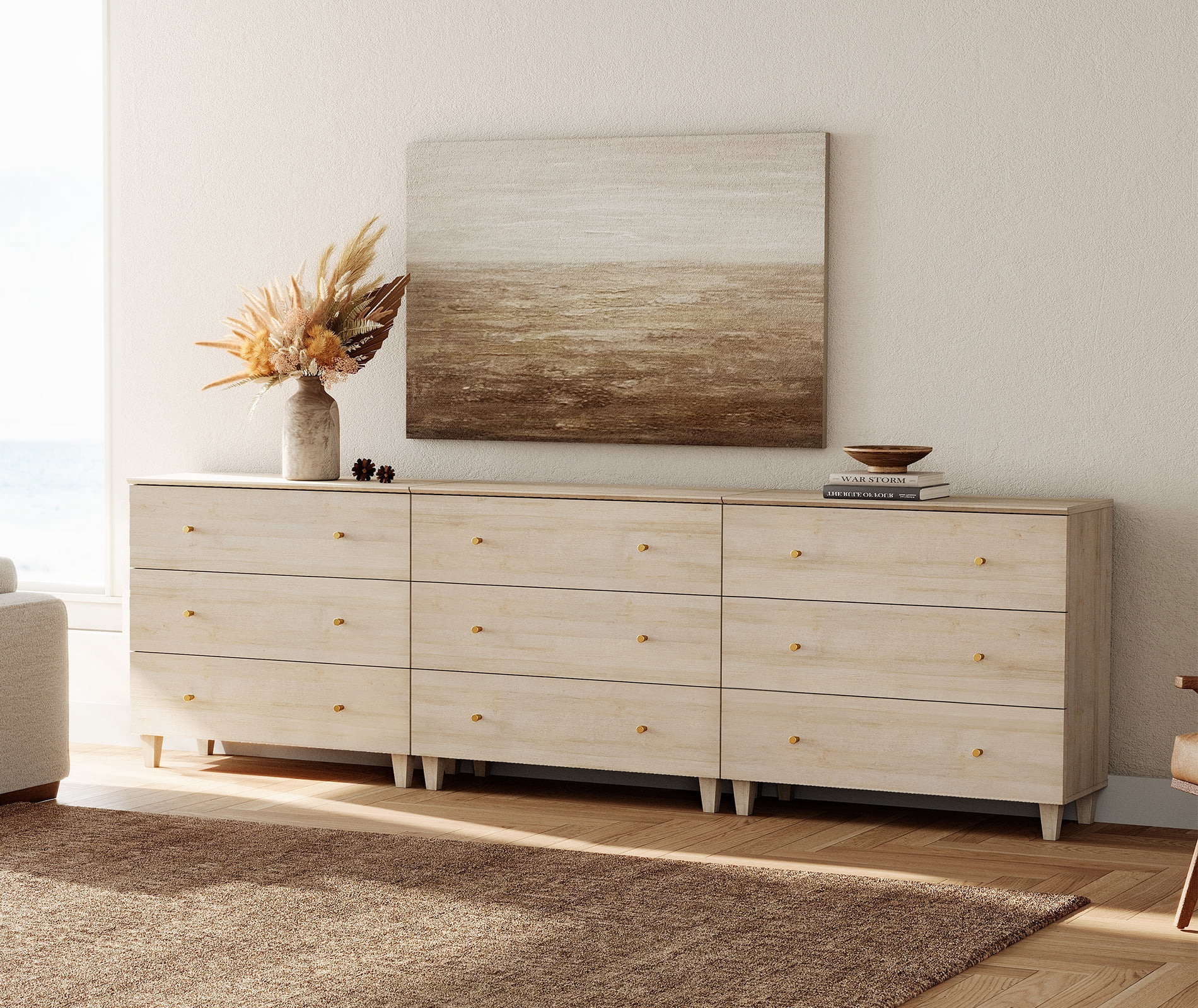 Bedroom Dresser with 9 Drawers, Mid-Century Modern Extra Wide Dresser, Light Oak Wood Chest of Drawers with Solid Wood Legs, 106"