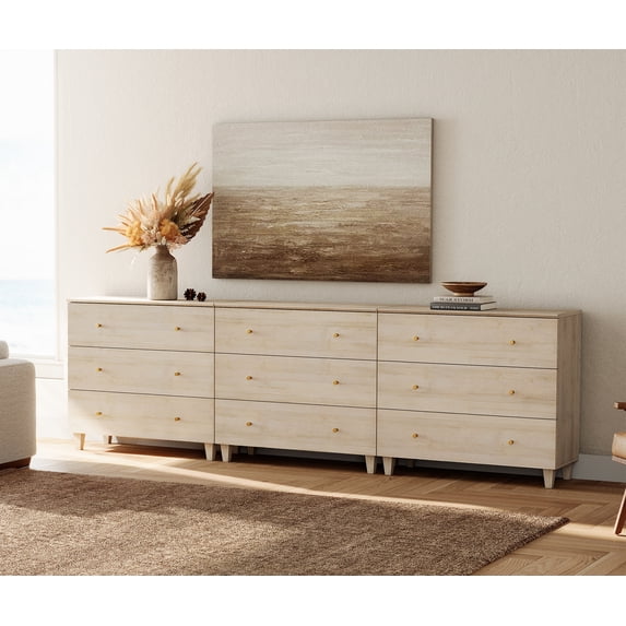 Bedroom Dresser with 9 Drawers, Mid-Century Modern Extra Wide Dresser, Light Oak Wood Chest of Drawers with Solid Wood Legs, 106"