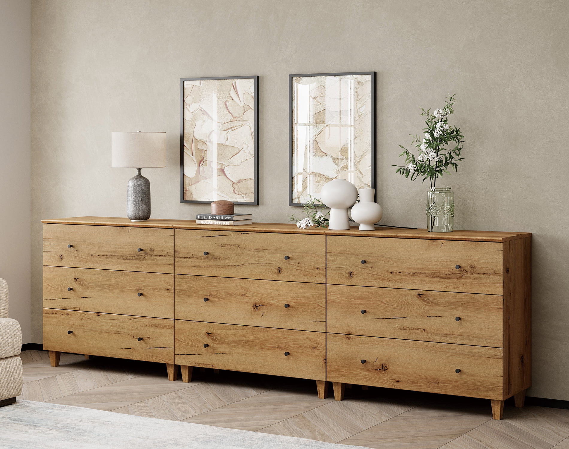 Bedroom Dresser with 9 Drawers, Mid-Century Modern Extra Wide Dresser, Oak Brown Wood Chest of Drawers with Solid Wood Legs, 106"