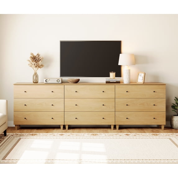 Bedroom Dresser with 9 Drawers, Mid-Century Modern Extra Wide Dresser, Oak Wood Chest of Drawers with Solid Wood Legs, 106"