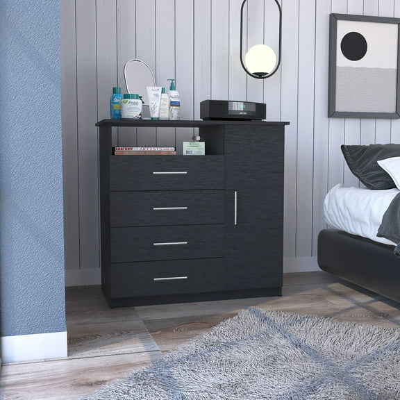Bedroom Dressers 4 Drawer Dresser, One Open Shelf, Superior Top, Single Door Cabinet, Black,Chests For Bedroom