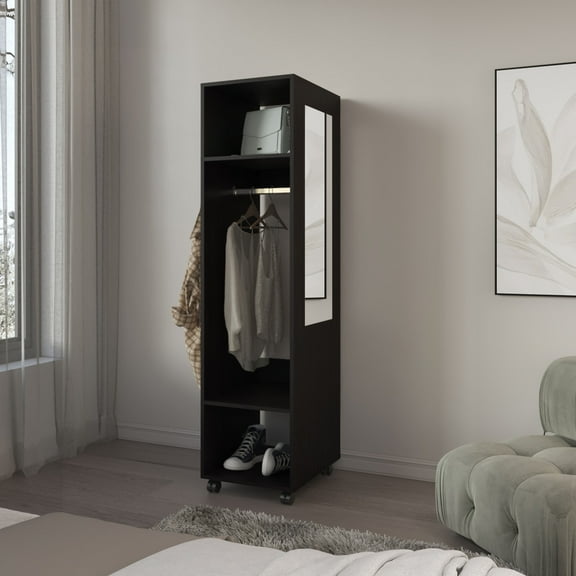 Bedroom Dressers Armoire 63"H, with 3 Shelves, 1 Mirror, and 4 Wheels, Black,Chests For Bedroom