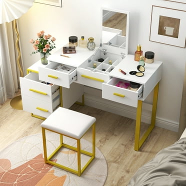 Bedroom Dressers Makeup Vanity Set with Mirror , Dresser Table with Nightstand , with 4 Drawers,Chests For Bedroom