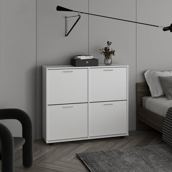Bedroom Dressers Opal 4-Door Shoe Rack Cabinet With Multiple Shelves, Modern Footwear Storage, White,Chests For Bedroom