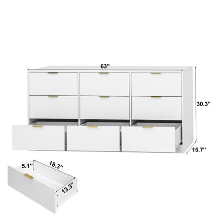 Bedroom Dressers White 9 Drawer Dresser, 63" Large Deep Chest of Drawers, Wooden Dresser Storage Cabinet with 9 Drawers for Bedroom, Long Dressers for Living Room, Hallway,Chests For Bedroom