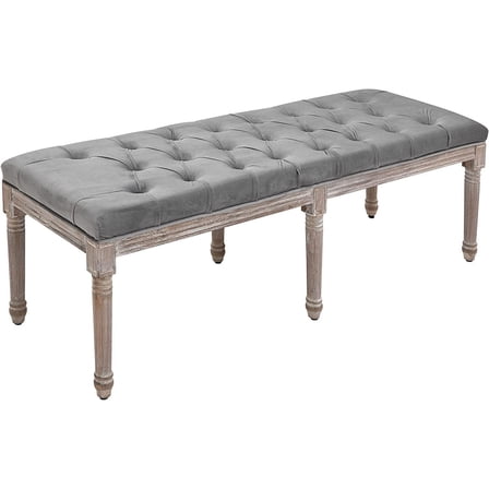 Bedroom End of Bed Bench, 56" Upholstered Entryway Bench with Button Tufted, Thick Padding and Wood Legs, French Vintage Linen-Feel Ottoman Bench for Hallway, Living Room, Gray