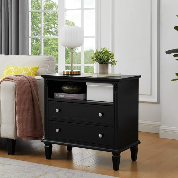 Bedroom End Table With Storage & Charging - 2 Drawers Open Shelf, Mid-century Modern Style, Solid Wood Leg Construction Station Nightstand For Use Area Dresser, Design, Base