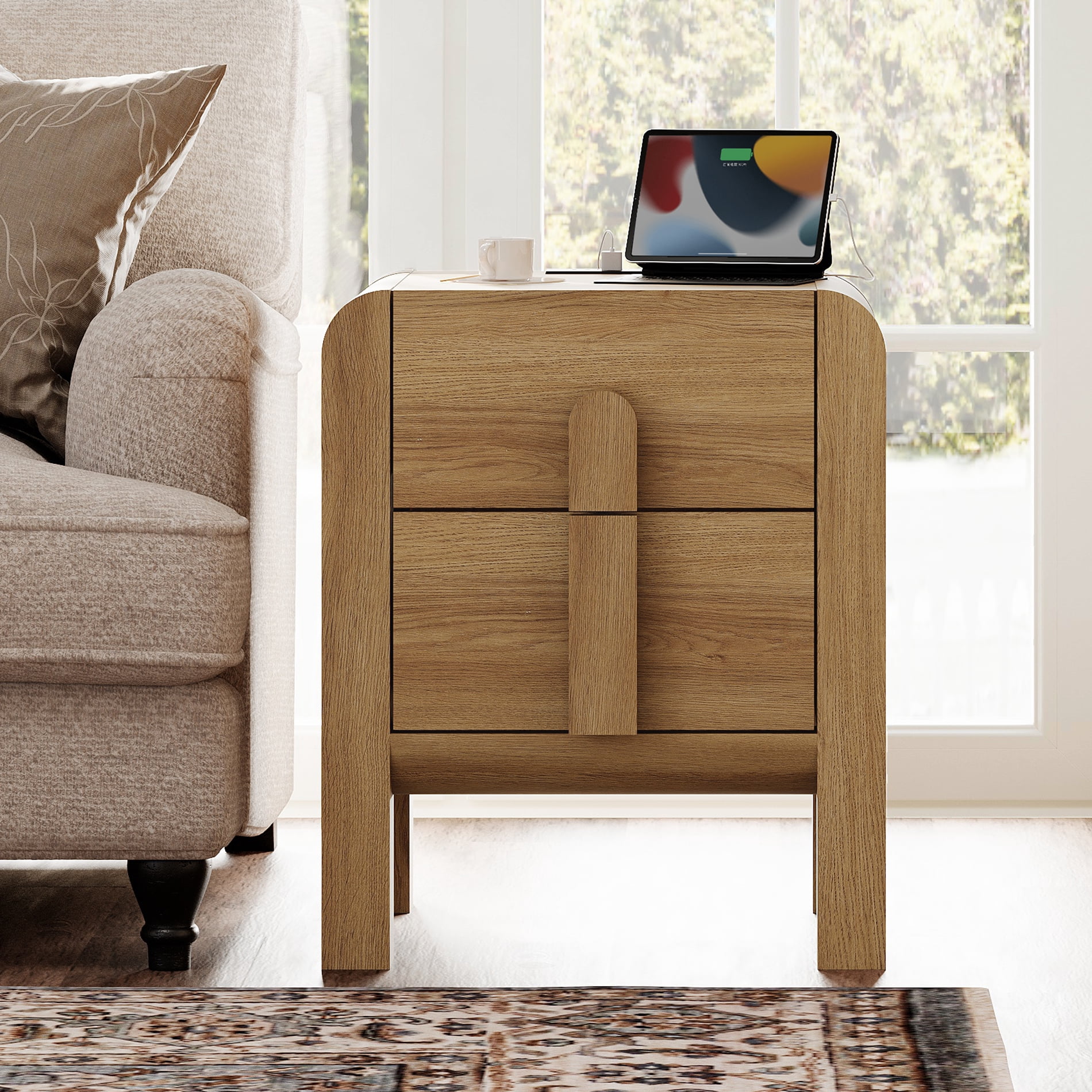 Bedroom End Table with Charging Station and Curved Profile Design, Mid Century Modern Wooden Nightstand with Drawer for Living Room, Sofa Office
