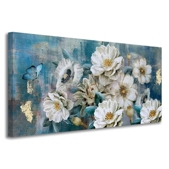 Bedroom Floral Canvas Wall Art, Elegant White And Teal Tones, Textured Floral Magnolia Oil Painting, Living Room Wall Decoration, Turquoise Large-Scale Artwork