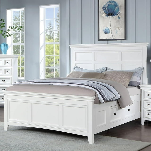 Bedroom Furniture 1pc Full Size Bed White Solid wood Underbed Storage drawer Unique Headboard FB