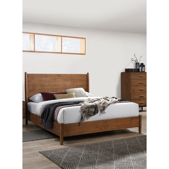 Bedroom Furniture 1pc Queen Size Bed Round Tapered Legs Panel Headboard Walnut Solidwood Mid-Century Modern Style