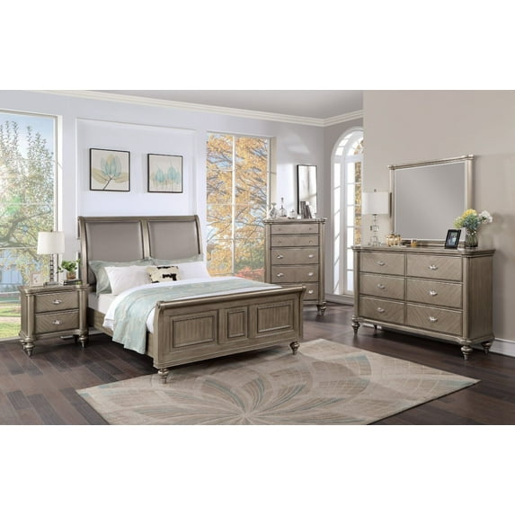 Bedroom Furniture 6pc Set Eastern King Size Bed Upholstered HB Unique FB Dresser Mirror Nightstands Chest Grey Wooden Classic