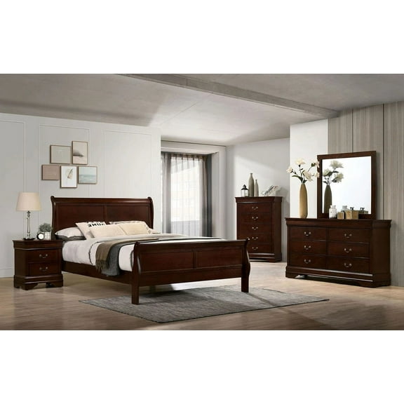 Bedroom Furniture Cherry Color Solid wood Simple Transitional 6pc Bedroom Set Full Size Bed Dresser Mirror Nightstands Chest