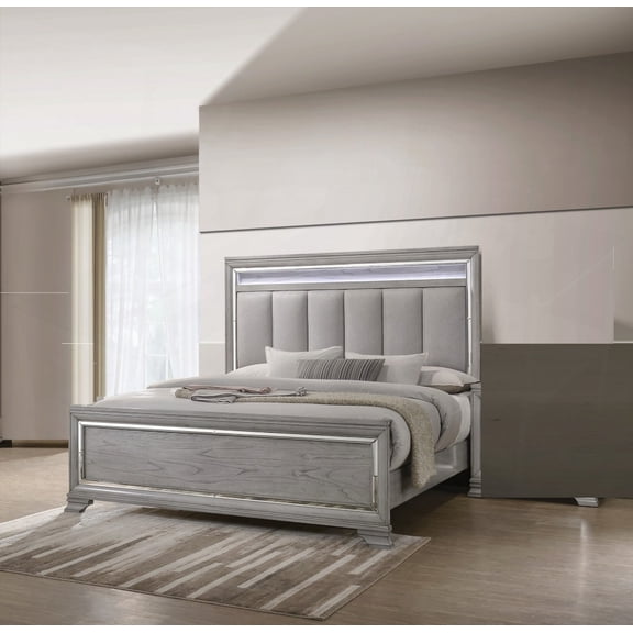 Bedroom Furniture: Modern Glam Queen Size Bed having Upholstered Headboard & LED Light & Silver Strip Edges