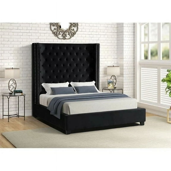 Bedroom Furniture Queen Size Platform Bed, Velvet Upholstered 1Pc Bed w/ Wingback Tufted Headboard, Black