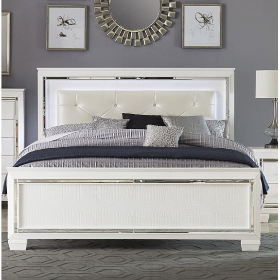Bedroom Furniture Set - 1pc Queen Bed featuring White Finish, Faux Alligator Embossed Panels & LED Headboard (Malaysia Made)