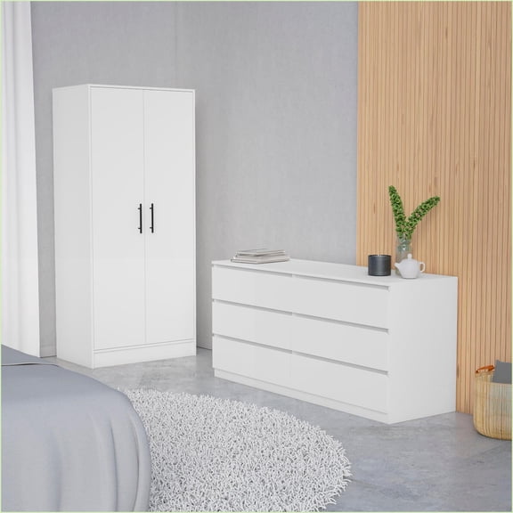 Bedroom Furniture Set 2-Piece Armoire + Dresser, White | Engineered Wood | Double Dressers