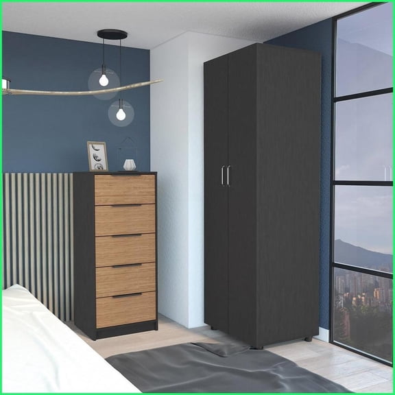 Bedroom Furniture Set 2-Piece | Black/Light Oak Armoire + Dresser | Particle Board | Multicolor
