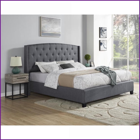 Bedroom Furniture Set 3-Piece Tufted Wingback Bed with 2 Gray Nightstands | Gray | Wingback Beds