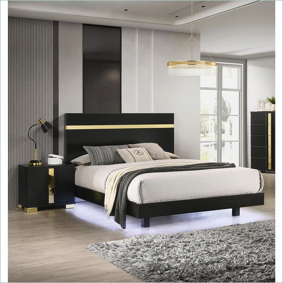 Bedroom Furniture Set, Modern Black/Gold Eastern King Bed with LED + 2 Nightstands | Engineered Wood,Metal | Standard Beds
