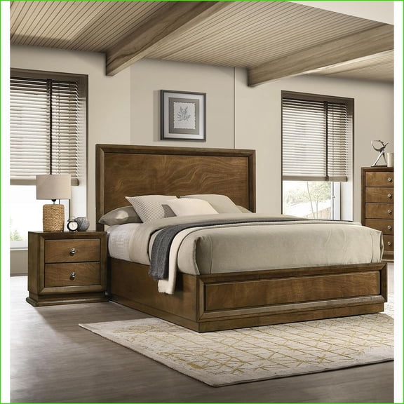 Bedroom Furniture Set, Transitional Walnut Brown Queen Bed with 2 Nightstands 3pc | Engineered Wood,Rubber Wood | Standard Beds