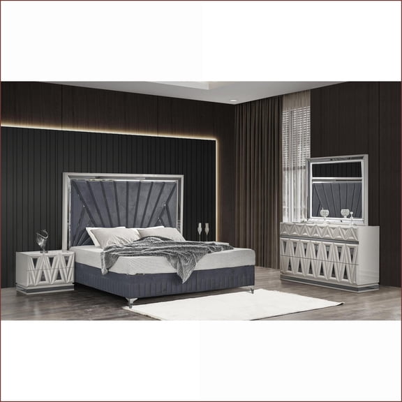 Bedroom Furniture Set, 4-Piece King Modern Velvet Upholstered with LED Lights & Storage, River Sand Grey | Wood