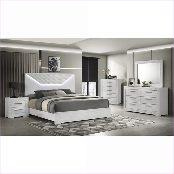 Bedroom Furniture Set, 4-Piece King Modern with LED Headboard Snow White Wood | White | Wood