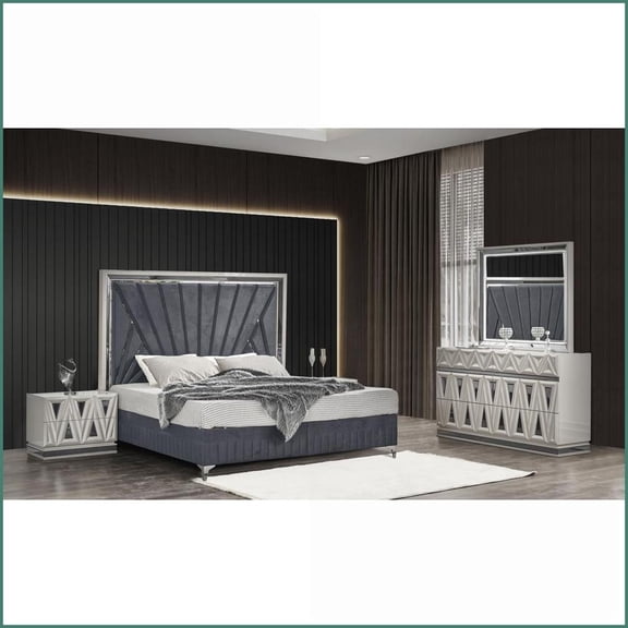Bedroom Furniture Set 4Pc Queen Modern Wood Set with LED & Storage River Sand Grey | Wood | Standard Beds