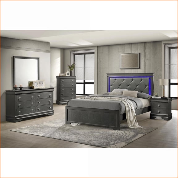 Bedroom Furniture Set, 5-Piece Full Modern Upholstered with LED Headboard Wood Slate Gray | Wood | Standard Beds