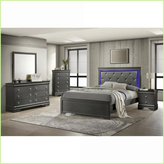 Bedroom Furniture Set 5-Piece Full Size Metallic Gray with LED Headboard | Wood | Standard Beds