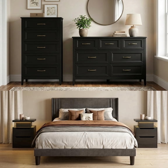 Bedroom Furniture Set, 5-Piece Modern Bedroom Storage Cabinet Set Includes Queen Platform Bed Frame, 2 Nightstands & 2 Dressers