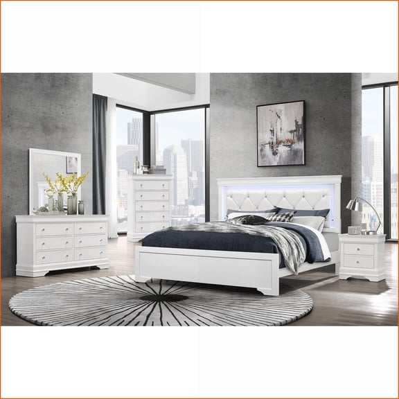 Bedroom Furniture Set, 5-Piece Shaker White with Crystal Tufted Headboard & LED Lighting | White | Solid Wood+MDF