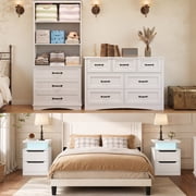 Bedroom Furniture Set, Asofer Queen Size Bed Frame with Headboard, 2 Nightstands, Bookcase & 7-Drawer Chest, White