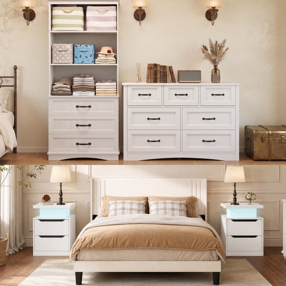 Bedroom Furniture Set, Asofer Queen Size Bed Frame with Headboard, 2 Nightstands, Bookcase & 7-Drawer Chest, White